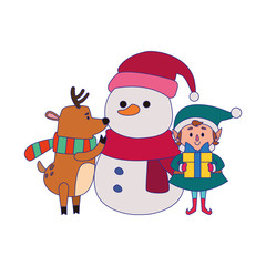 Sticker - cartoon snowman with christmas elf and deer