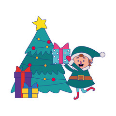 Poster - happy christmas elf with gift boxes around the christmas tree