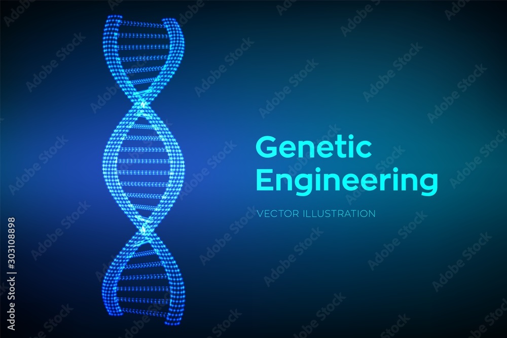 DNA sequence in hands. Wireframe DNA molecules structure mesh. DNA code ...
