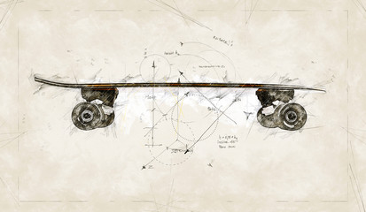 Illustration sketch of a project to realise a wooden skate board