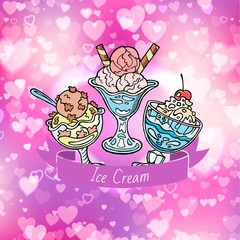 Wall Mural - Ice cream vector illustration with delicious dessert on purple bokeh background with hearts. Promotional banner or poster with vanilla, chocolate, punch ice cream scoops in glass vases.