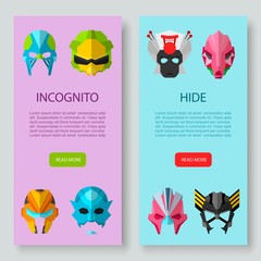 Alien, monster masks, incognito and hide inscription two vertical banners vector set. Illustration of star wars masks, cosmic, outer space. Incognito face covers or masque.