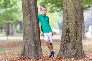 Portrait of a pretty cute child boy standing near big tree trunk in summer park outdoors.