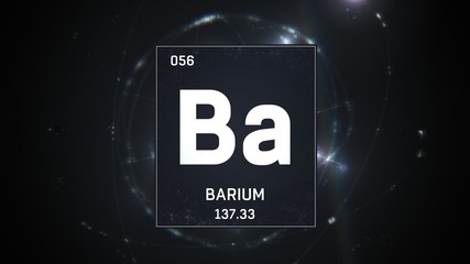 3D illustration of Barium as Element 56 of the Periodic Table. Silver illuminated atom design background with orbiting electrons. Design shows name, atomic weight and element number