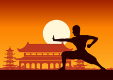 Chinese Boxing Kung Fu Martial Art Famous Sport,monk Train To Fight,around With Chinese Temple,sunset Silhouette Design