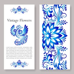 Wall Mural - Russian vintage ornaments gzhel art, vector illustration of blue colored flowers two side flyer. Decorative blue flowers on a white background. Ghzel pottery banner.