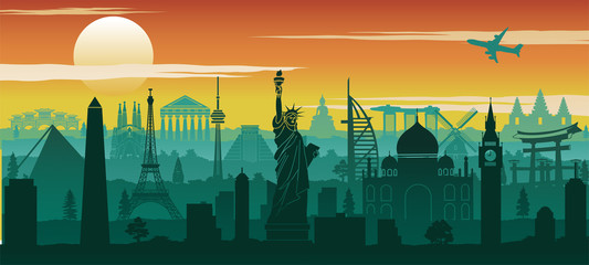 world famous landmark silhouette style with row design on sunset time,vector illustration