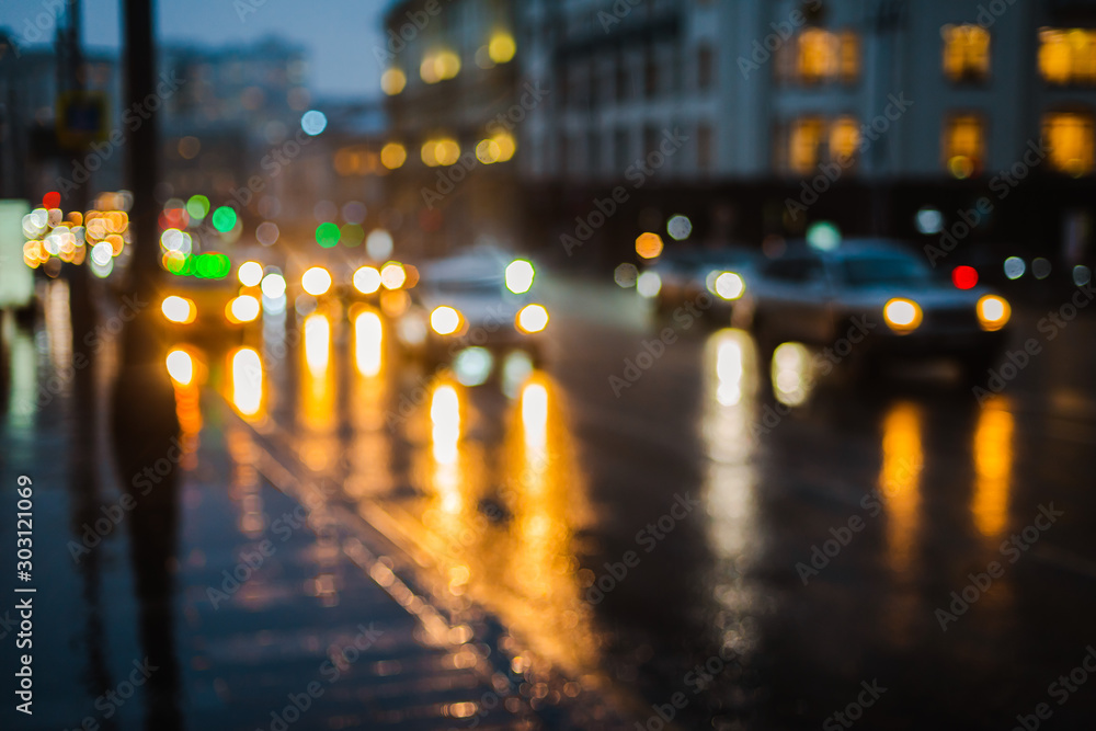 Wet night city street rain Bokeh reflection bright colorful lights puddles sidewalk Car - obrazy, fototapety, plakaty 