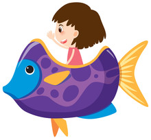 Single Character Of Girl In Purple Fish On White Background