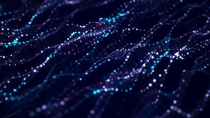Fototapete - Music abstract background. Molecular background with DNA. Network with connecting dots and lines. Big data visualization. Sound wave. 3d rendering.