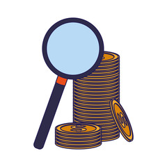 Wall Mural - magnifying glass and coins stack, flat design