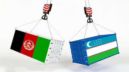 Wall Mural - Uzbekistan and Afghanistan flags on opposing cargo containers. International trade theme, import and export concept between two countries.