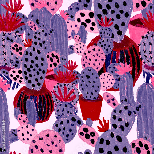 Creative seamless pattern with hand drawn cactuses in pots. Bright botanical ...