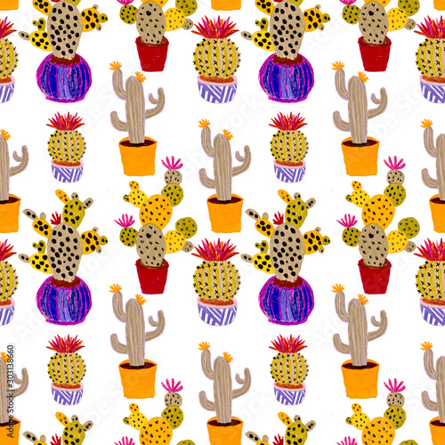 Creative seamless pattern with hand drawn cactuses in pots. Bright botanical ...