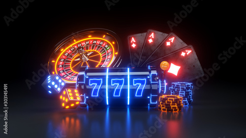 Cuadros en Lienzo Casino Futuristic Concept Design Slot Machine and Poker Chips - 3D Illustration