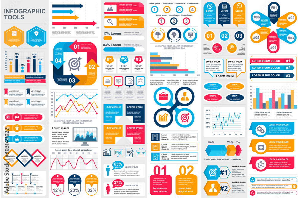 Bundle infographic elements data visualization vector design template. Can be used for steps, business processes, workflow, diagram, flowchart concept, timeline, marketing icons, info graphics. - obrazy, fototapety, plakaty 