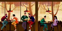 The Youth Drink Beer In A City Cafe. Flat Vector Illustration.