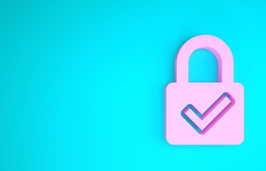 pink open padlock and check mark icon isolated on blue background. cyber security concept. digital d