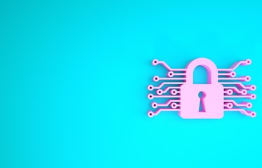 Wall Mural - Pink Cyber security icon isolated on blue background. Closed padlock on digital circuit board. Safety concept. Digital data protection. Minimalism concept. 3d illustration 3D render