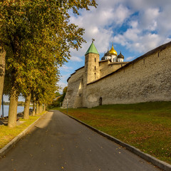 Pskov Krom (Kremlin), historical and architectural center of Pskov. It is located on a narrow and high promontory at the confluence of the Pskov river in the Velikaya river.