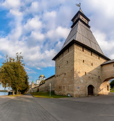 Pskov Krom (Kremlin), historical and architectural center of Pskov. It is located on a narrow and high promontory at the confluence of the Pskov river in the Velikaya river.