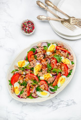 Wall Mural - Tuna salad with lettuce, tomatoes, eggs, red onions and a delicate dressing of olive oil, lemon and mustard. Light gourmet dinner. Selective focus