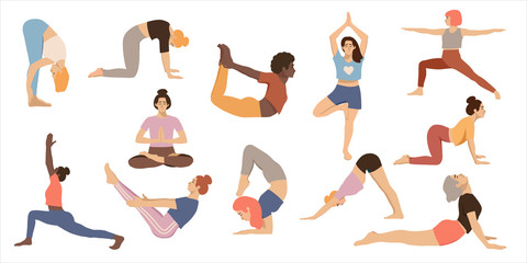 Set of women practicing yoga. Isolated female in different yoga poses on white background. Healthy lifestyle. Hand drawn flat coloured vector illustration