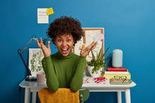 Crazy Dark Skinned Young Woman Raises Hands With Annoyance, Wears Casual Clothes, Feels Tired, Has Deadline, Poses On Chair Near White Table, Isolated Over Blue Background. Female At Workplace