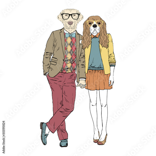 Furry Art Illustration Of Fashion Golden Retriever Man And Cavalier King Charles Spaniel Woman Dogs Couple Valentine Day Design Hand Drawn Vector Stock Vector Adobe Stock