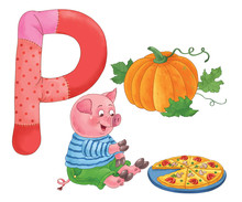 English Alphabet. ABC. Capital Letter P. Pig, Pumpkin, Pizza. Coloring Book. Coloring Page. Cute And Funny Cartoon Characters Isolated On White