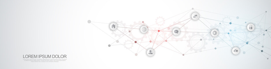 Website header or banner design with abstract technical background and connecting dots and lines. Digital technology and communication concept with flat icons.