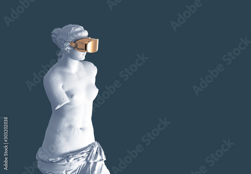 Fotografía 3D Model Aphrodite With Golden VR Glasses On Blue Background