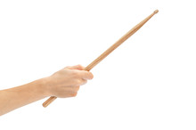 Woman's Hand Holding Drum Stick Isolated On White Background.
