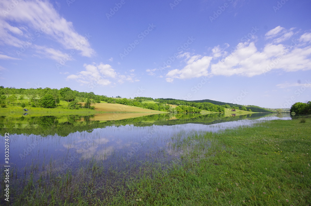 landscape with river and blue sky - obrazy, fototapety, plakaty 