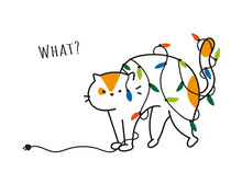 Funny New Year Cat With Garland Ask What? Merry Christmas Mood, Best Holiday With Kitty