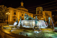 Turia Fountain On Square Of The Virgin Saint Mary, Valencia, Spain.