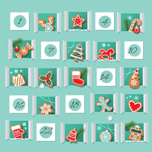 Advent Calendar, Decorated Wirh Gingerbread Cookies. Countdown To Christmas. Vector