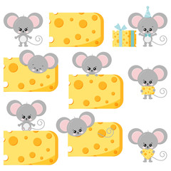 Wall Mural - Cute mouse and cheese vector flat set isolated on white background.