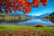Spectacular Autumn View Of Lake And Trees In City Park Of Sell Am See
