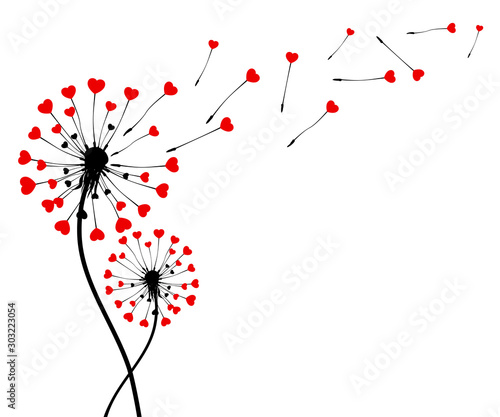 Abstract black dandelion silhouette with hearts, flying seeds of love dandeli...