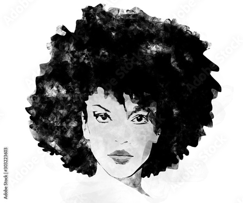 African American Woman With Big Afro Hair Black And White Fashion