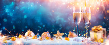 New Year Toast Champagne - Flutes With Christmas Decoration