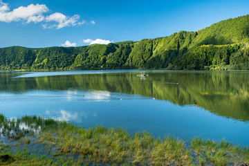 A beautiful and scenic view of Lagoa das Furnas (Furnas Lake) that fills a crater located in Furnas, São Miguel Island, Azores, Portugal.