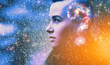 © raisondtre - Double multiply exposure abstract portrait of young woman face with galaxy universe space inside head. Human spirit, astronomy, ask question, answer concept Elements of this image furnished by NASA.
