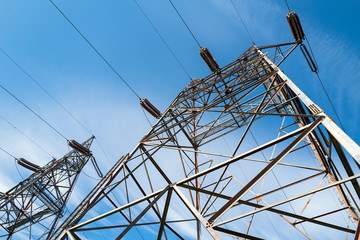 The tops of high voltage transmission towers near Bonneville Lock and Dam, Washington, USA