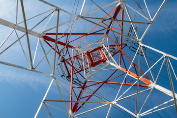 Looking upward through a high voltage transmission tower near Bonneville Lock and Dam, Washington, USA