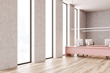 White open space office with pink tables