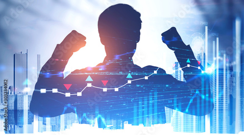 Fotomural Successful trader silhouette in city, chart