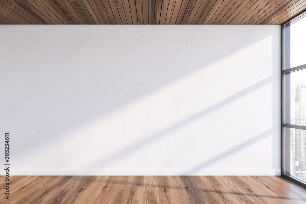 Empty white room with wooden floor - obrazy, fototapety, plakaty 
