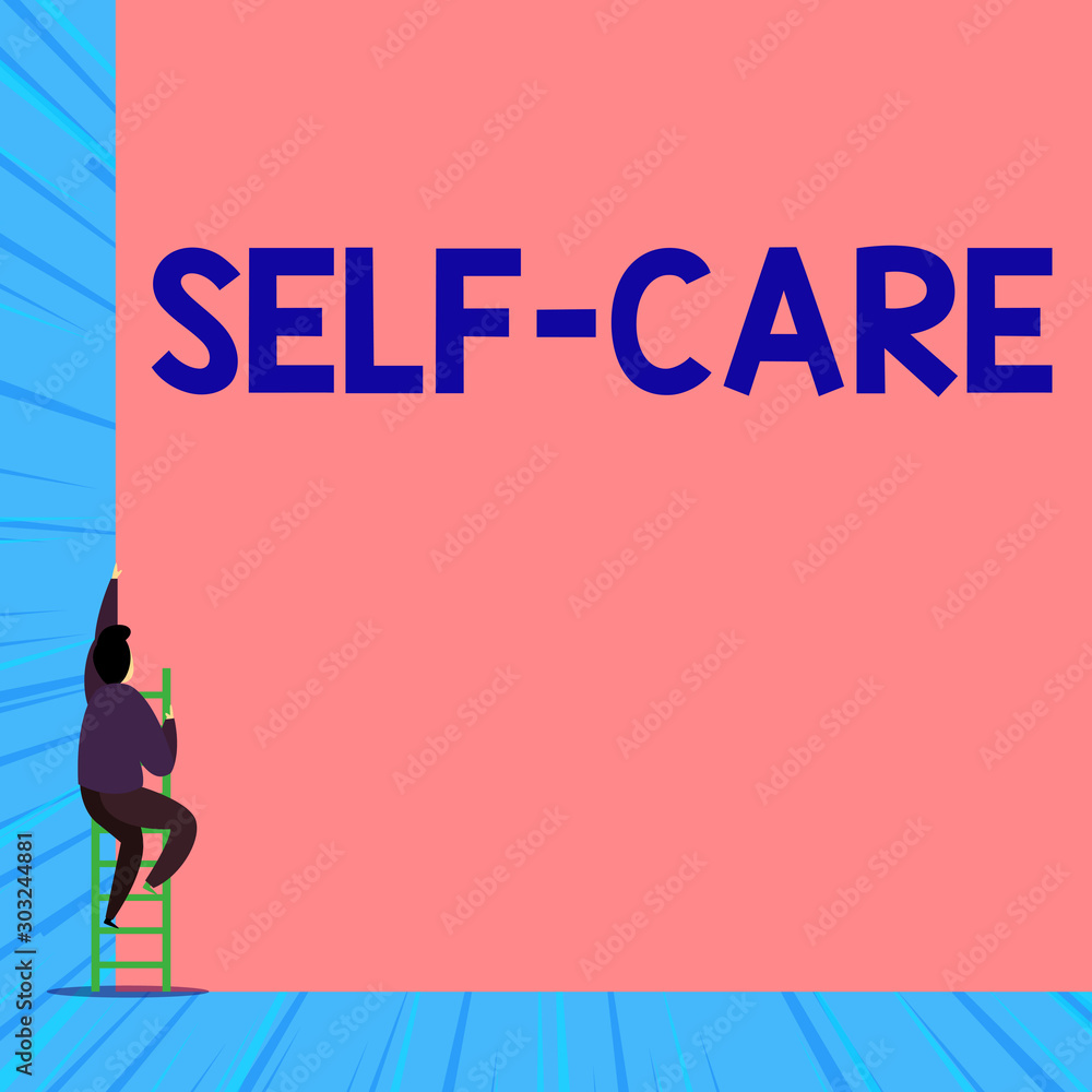 Text sign showing Self Care. Business photo showcasing the practice of taking action to improve one s is own health Back view young man climbing up staircase ladder lying big blank rectangle - obrazy, fototapety, plakaty 